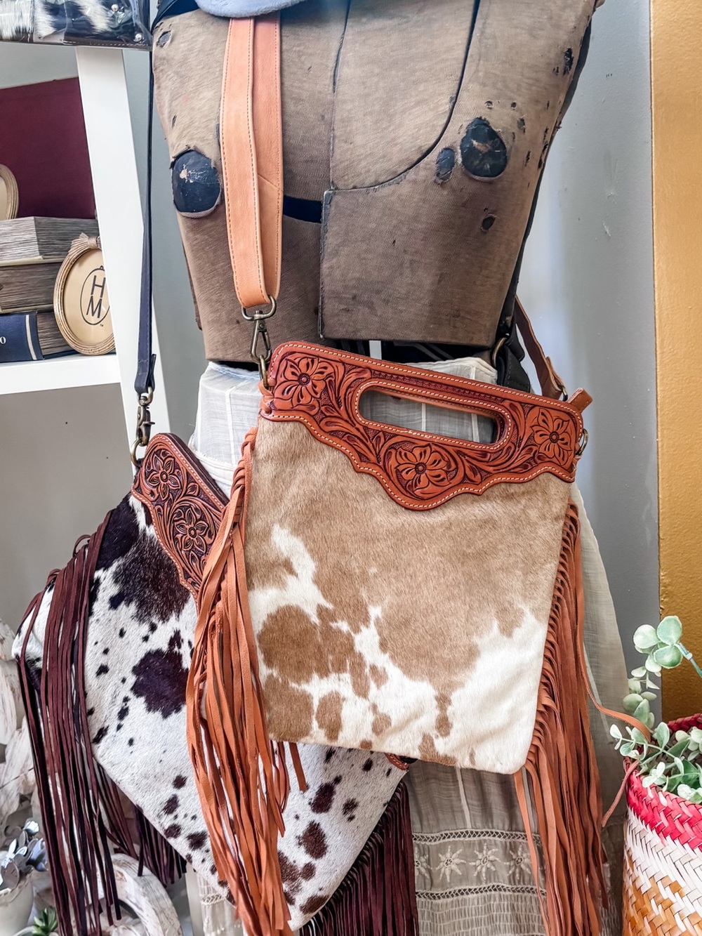 Western Fringe Cowhide Leather Crossbody Bag - Tan White